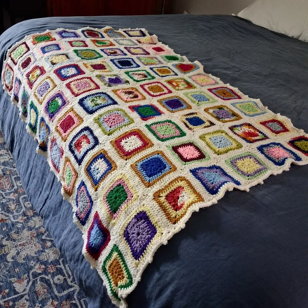 Vintage Granny Square Crochet Afghan Throw 54 x 38 Handmade BOHO Colorful
